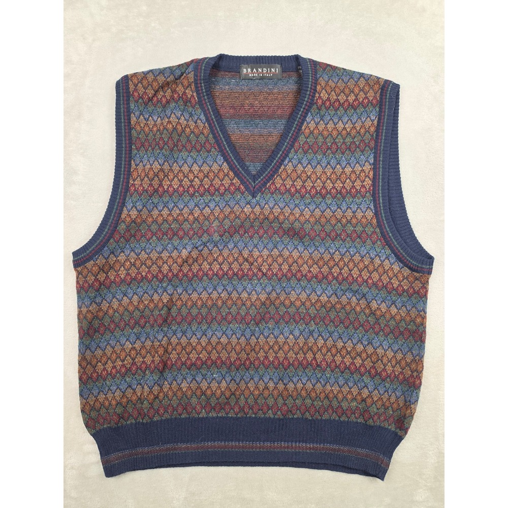 Brandini Sweater Vest Mens Large Argyle V-Neck Wool Blend Italy Sleeveless